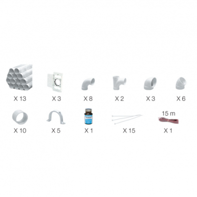 Ensemble d'installation pour 3 prises murales blanches Vaculine avec 3 prises et 13 tuyaux de PVC 45" (114,3 cm) inclus