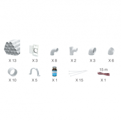 Ensemble d'installation pour prise murale Plastiflex - ensemble 3 prises blanches avec porte ronde et 13 tuyaux de PVC 45" (114,3 cm) inclus